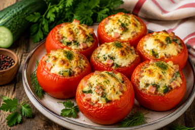 Фаршированные помидоры в духовке: сочная закуска с ветчиной и сырной корочкой